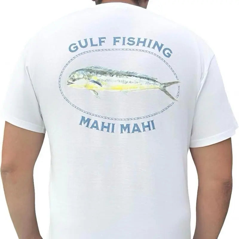 Gulf Fishing Mahi Mahi TShirt – White Cotton Tee with Vibrant Blue Fish Graphic Design Loose-Fitting Casual Wear for Fishing Trips