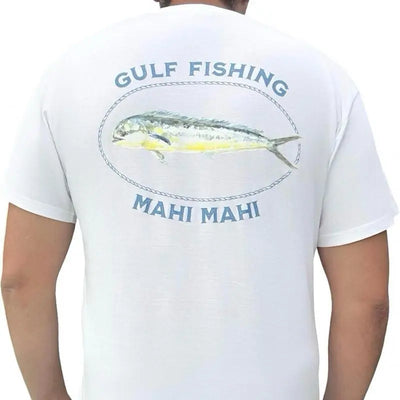 Gulf Fishing Mahi Mahi TShirt – White Cotton Tee with Vibrant Blue Fish Graphic Design Loose-Fitting Casual Wear for Fishing Trips