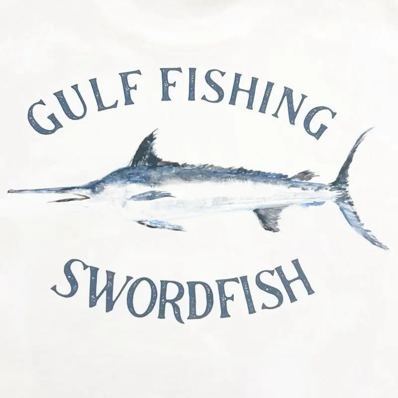 Gulf Fishing Swordfish TShirt – White Cotton Tee with Vibrant Blue Fish Graphic Design Loose-Fitting Casual Wear for Fishing Trips
