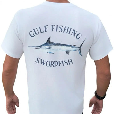 Gulf Fishing Swordfish TShirt – White Cotton Tee with Vibrant Blue Fish Graphic Design Loose-Fitting Casual Wear for Fishing Trips