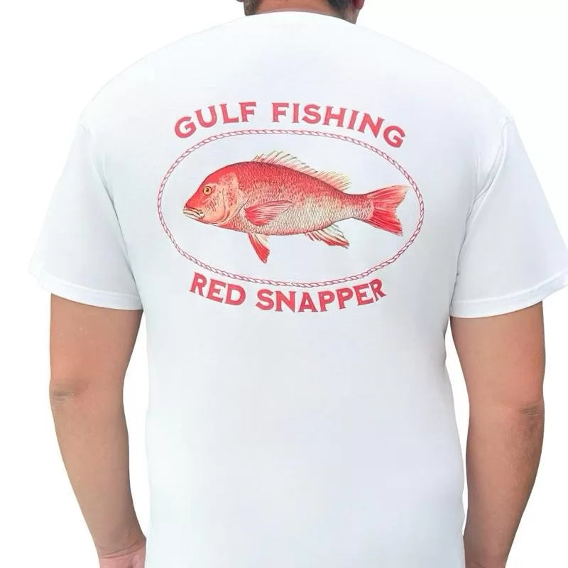 Gulf Fishing Red Snapper TShirt – White Tee with Red Fish Graphic Design